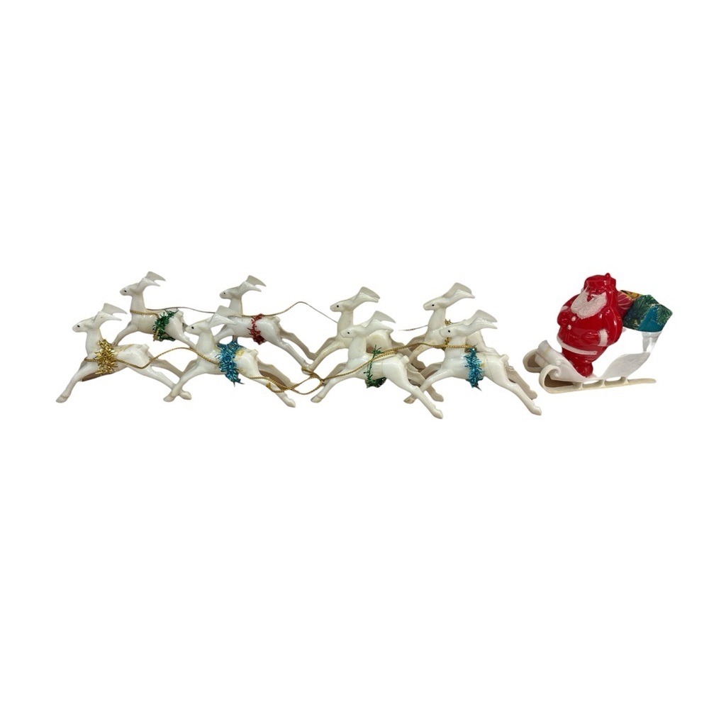 Vtg 50's Rosbro Rosen Plastic Celluloid Santa Candy Sled & 8 Christmas Reindeer